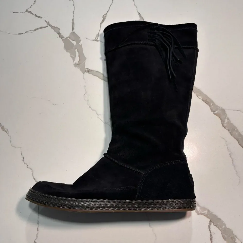 UGG Emerie Women’s Black Leather Suede Tall Moccasin Boots Zipper Tassels 10